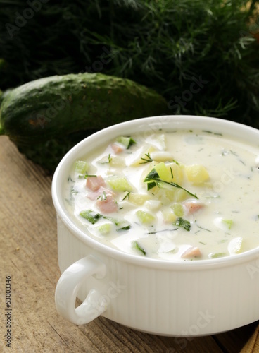 Photo: Traditional Russian cold soup with vegetables (okroshka) Traditional Russian cold soup with vegetables (okroshka)