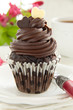 Chocolate muffins with chocolate cream.