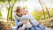 Happy children playing outdoors in autumn park. Dolly shot