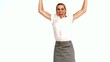 Excited businesswoman cheering and jumping