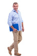 casual middle aged man holding his clipboard