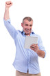 casual middle aged man cheering with pad