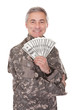 Happy Mature Soldier Holding 100 Dollar Bills