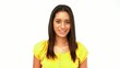 Confused woman being surprised then laughing on white background