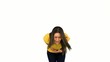 Woman suffering from belly pain on white background
