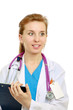 A female doctor with a folder , isolated on white background