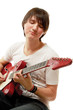 Rocker with his classic acoustic guitar against white background