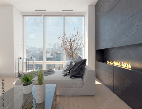 Illustration: Modern Design living room with cityscape view Modern Design living room with cityscape view