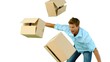 Clumsy man dropping boxes over on white screen