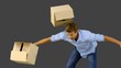 Clumsy man dropping boxes down on grey screen