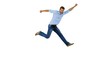 Man jumping and gesturing on white background