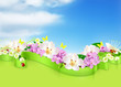 Vector: Spring flowers and clouds, background Spring flowers and clouds, background