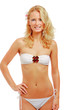 A portrait of beautiful smiling woman in white swimsuit