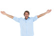 Handsome man shouting with his hands raised