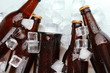 Beer bottles in ice cubes close up
