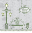 Street light, garden bench, flower bed in vintage style.