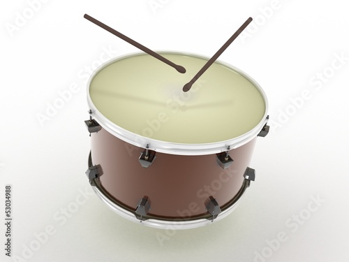 Illustration: Drum and drumsticks on white isolated background. 3d Drum and drumsticks on white isolated background. 3d