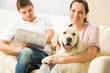 Resting joyful couple sitting and petting dog