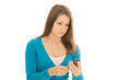 beautiful woman looks at phone surprised