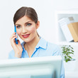Portrait of smiling business woman call center operator at work
