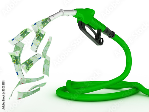 Illustration: Gas pump nozzle and euro on white background. 3d Gas pump nozzle and euro on white background. 3d