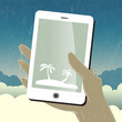 Vector: Summer travel conceptual illustration. Smart phone in hand. Vect Summer travel conceptual illustration. Smart phone in hand. Vect