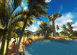 Illustration: African savannah with lush and vibrant vegetation by the pool African savannah with lush and vibrant vegetation by the pool