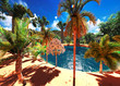 Illustration: African savannah with lush and vibrant vegetation by the pool African savannah with lush and vibrant vegetation by the pool