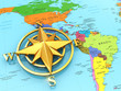 Illustration: Navigation sign or compass on political map. Navigation sign or compass on political map.