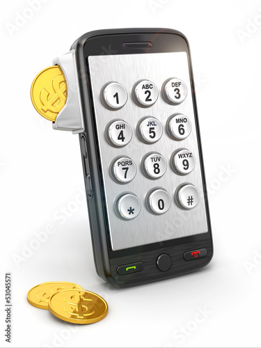 Illustration: Mobile phone payment. Payphone keyboartd and coins. Mobile phone payment. Payphone keyboartd and coins.