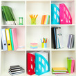 White office shelves with different stationery, close up
