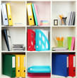White office shelves with different stationery, close up