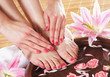 Photo: Spa background with beautiful feet, flowers and a ceramic bowl Spa background with beautiful feet, flowers and a ceramic bowl