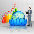 illustration of businessman working on laptop with bargraph