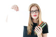Happy young girl with  colored pencils  and empty  blank  paper.