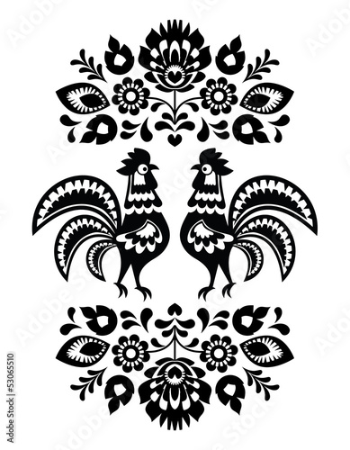  Polish ethnic floral embroidery with roosters in black and white