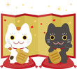 白と黒の招き猫と金の屏風