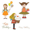 set of three girls birthday party isolated on white background