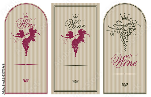 Vector: Three vintage labels for wine with grapes Three vintage labels for wine with grapes
