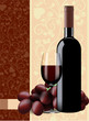 Bottle, glass of wine and grapes on floral background
