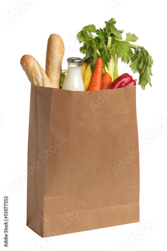 Photo: Paper bag with food. White background Paper bag with food. White background