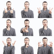 young man funny face expressions composite isolated on white bac