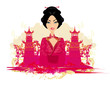 Illustration: abstract Asian Landscape and beautiful geisha abstract Asian Landscape and beautiful geisha