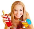 Woman with sunscreen and cocktail