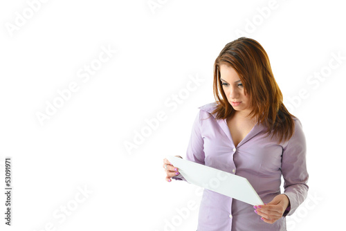 Photo: Business Woman Reading Card Serious Expression Business Woman Reading Card Serious Expression