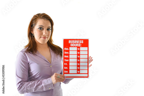 Photo: Woman Holding Business Hours Sign Woman Holding Business Hours Sign
