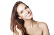 Happy woman touching hair