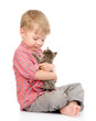 Photo: child hugging a kitten. isolated on white background child hugging a kitten. isolated on white background