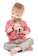 Photo: little boy hugging a kitten. isolated on white background little boy hugging a kitten. isolated on white background