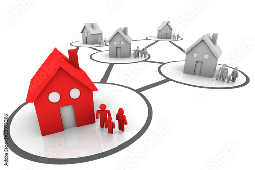 Illustration: homes and families connected neighborhoods Grey and Red homes and families connected neighborhoods Grey and Red